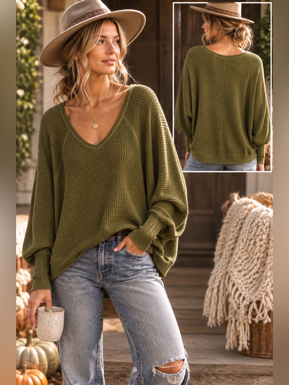 Free People Fern Gully Waffle Knit Thermal Top Olive Green M NWT Oversized